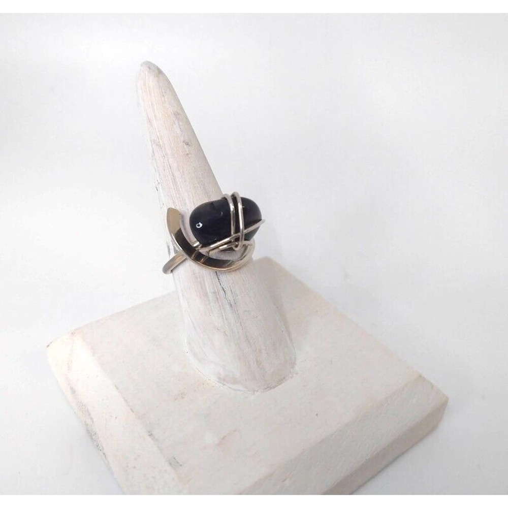 Handmade Silver-Tone Ring Black Stone Size 7 Boho Natural Aesthetic